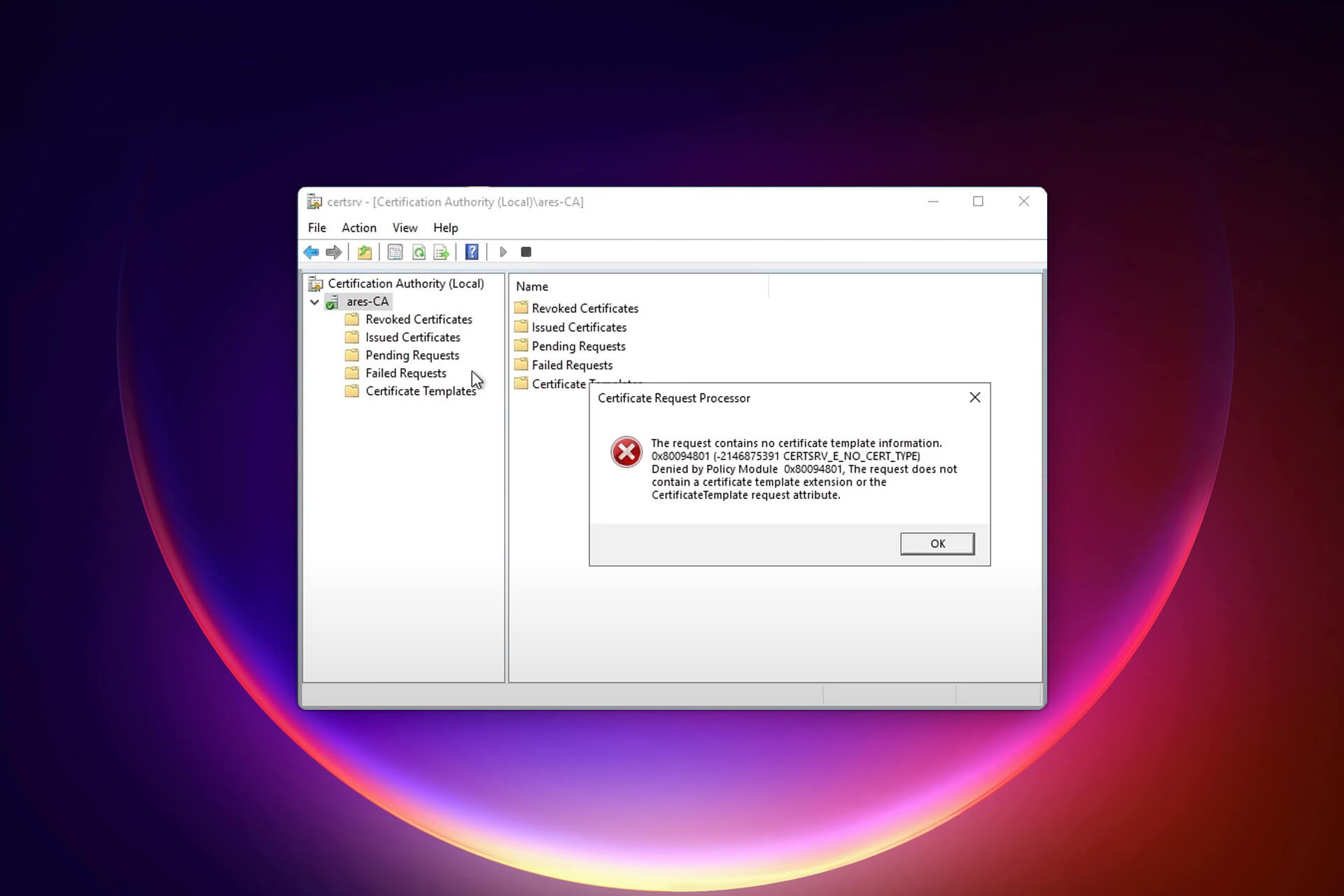 fix the request contains no certificate template information