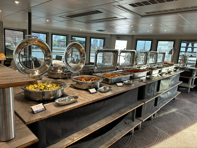 View of one side of the dinner buffet aboard the Boston dinner cruise.